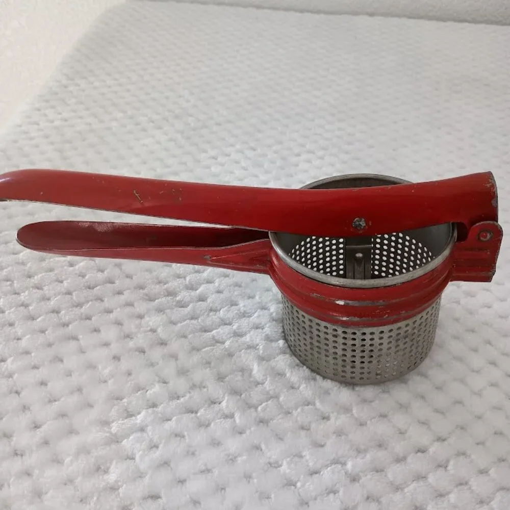 Vintage Metal Potato Masher Strainer Red Handle Kitchen Utensil